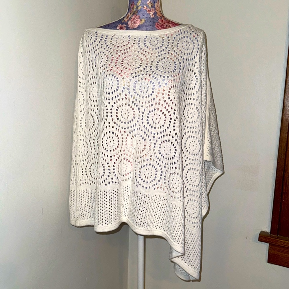 Talbots White Crochet Asymmetrical Poncho 100% Cotton NWT 2X/3X